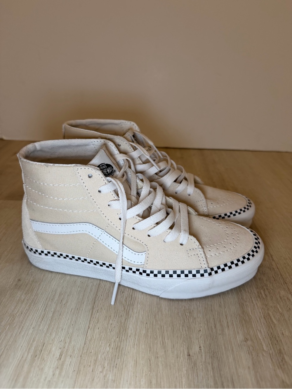 Vans Womens High-Top Sneakers in Cream with White Stripe and Checkerboard Trim